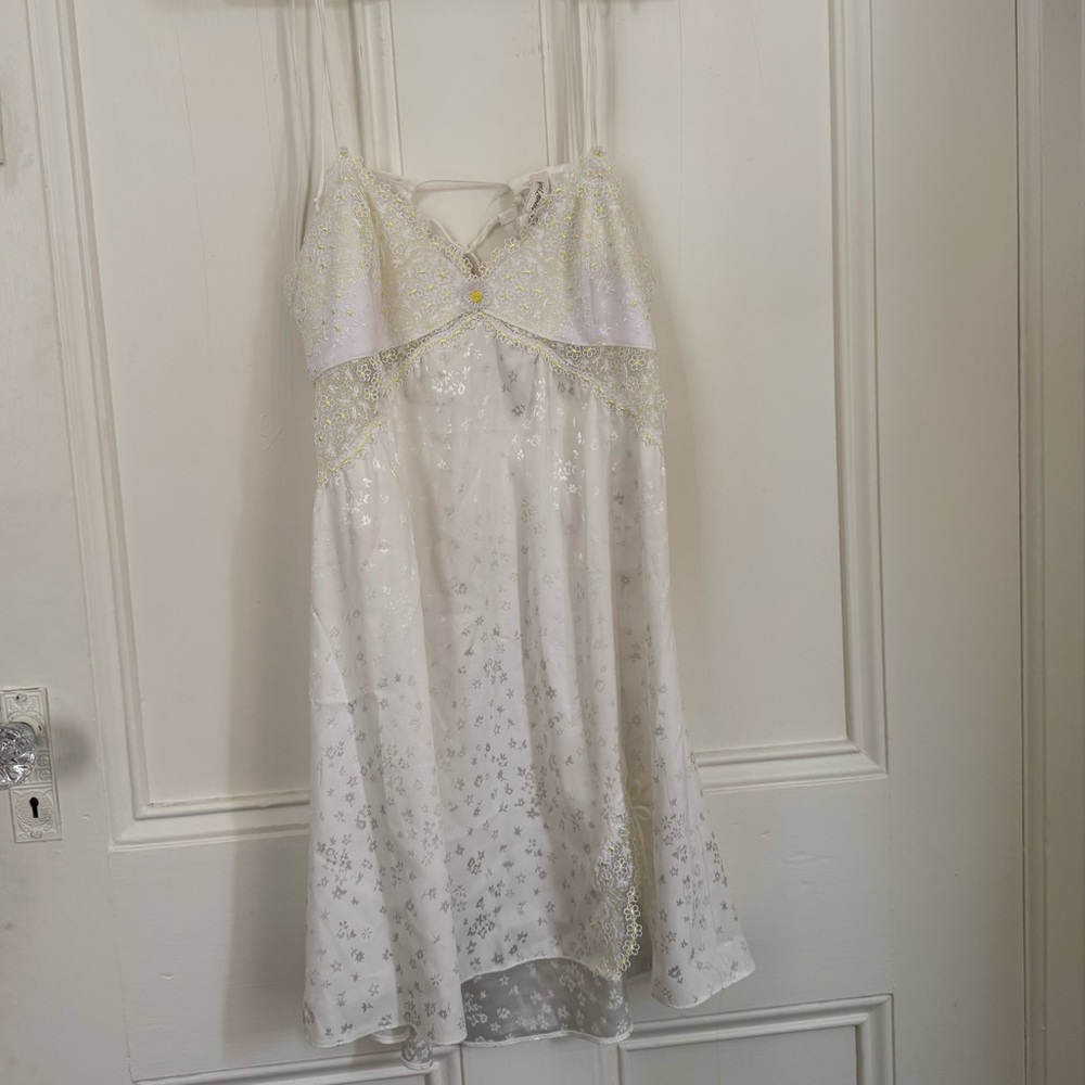 For Love & Lemons White Lace Slip Dress with Yellow Embroidery